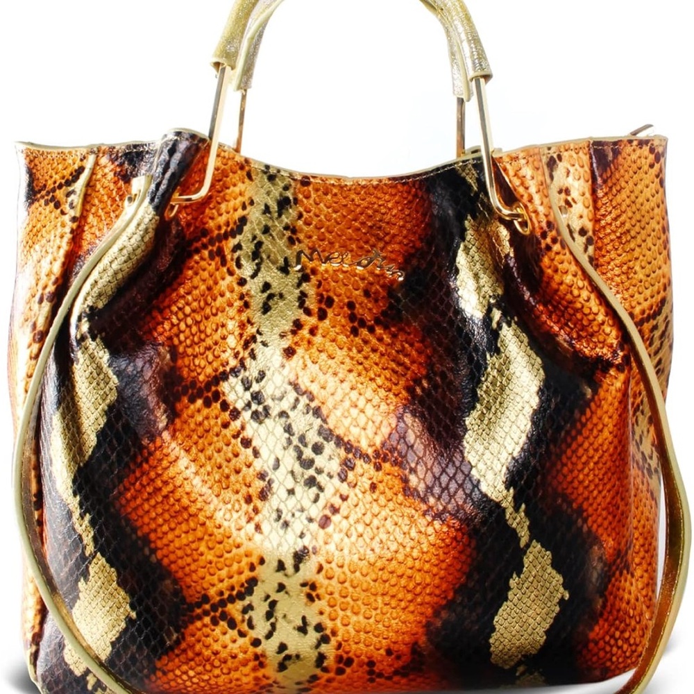 Bold Snake Print Tote Bag – Faux Leather, Gold Handles**